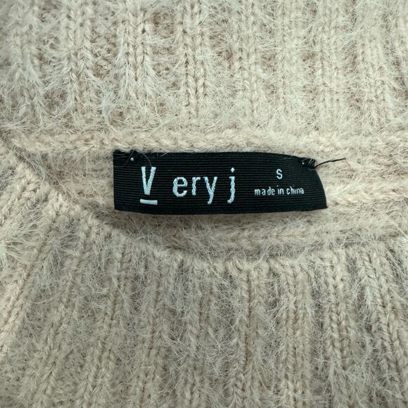 Very J Pink Shaggy Fringe Knit Sweater Mock Neck Drop Shoulders Boxy Size Small - Picture 5 of 6